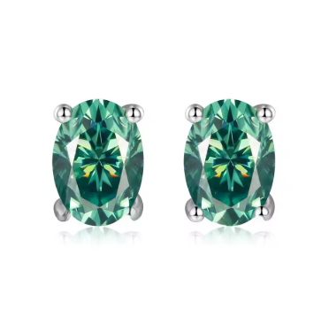 YunTong Jewelry 925 Silver Oval Moissanite Stud Earrings - 1 Carat VVS1 Color, Green & Red Variations - Cross-Border Hot Selling