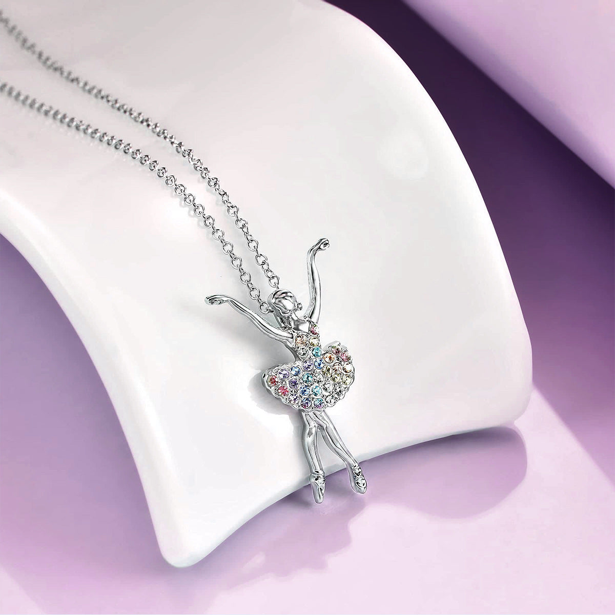 IRAMAT Dancing Girl Ballerina Dancer Ballet Pendant Necklace Charm Color Zircon Choker Surprise Jewelry Gift for Mother's Day