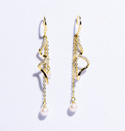 Chic White Pearl Earrings in 925 Silver with Gold Finish