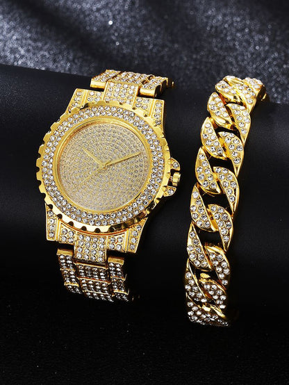 IRAMAT 2PCS Luxury Women Gold Watch Fashion Ladies Quartz Diamond Wristwatch Elegant Female Bracelet Watches Set