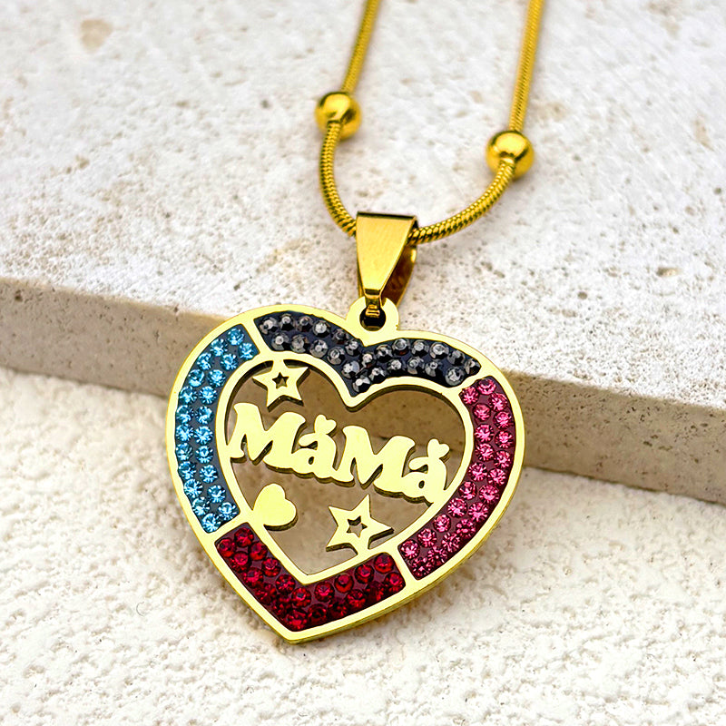 IRAMAT Mama Love Star Heart Pendant Necklace For Women Men Stainless Steel Gold Color Rhinestone Mother Mom Chain Jewelry Mother's Day Gift