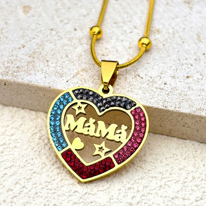 IRAMAT Mama Love Star Heart Pendant Necklace For Women Men Stainless Steel Gold Color Rhinestone Mother Mom Chain Jewelry Mother's Day Gift