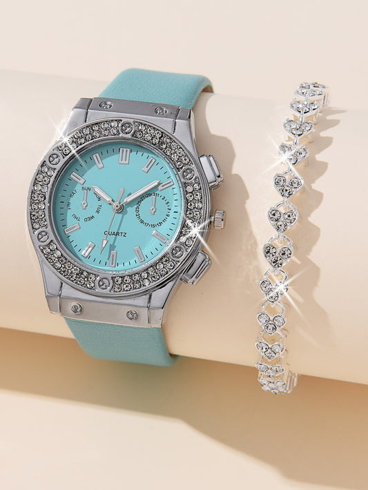 IRAMAT 2pcs Luxury Fashion Women Watch Set Colorful PU Leather Strap Ladies Quartz Wristwatch Alloy Bracelet For Ladies Gift
