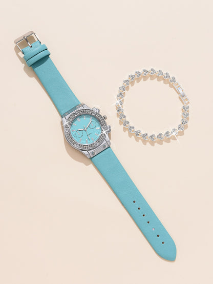 IRAMAT 2pcs Luxury Fashion Women Watch Set Colorful PU Leather Strap Ladies Quartz Wristwatch Alloy Bracelet For Ladies Gift