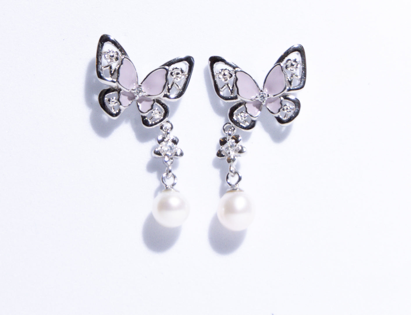 Beautiful Silver Butterfly Earrings with Freshwater White Pearls