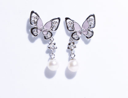 Beautiful Silver Butterfly Earrings with Freshwater White Pearls