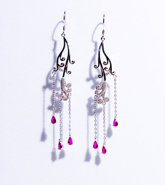 Elegant Silver Earrings with White & Red Stones