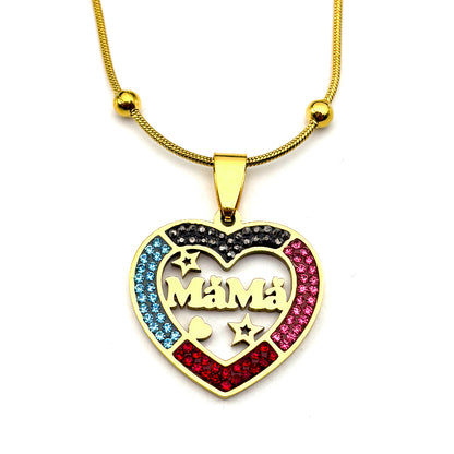 IRAMAT Mama Love Star Heart Pendant Necklace For Women Men Stainless Steel Gold Color Rhinestone Mother Mom Chain Jewelry Mother's Day Gift