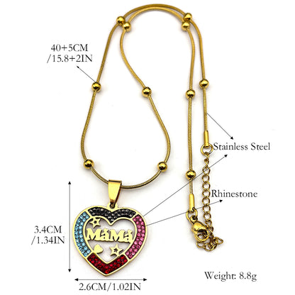IRAMAT Mama Love Star Heart Pendant Necklace For Women Men Stainless Steel Gold Color Rhinestone Mother Mom Chain Jewelry Mother's Day Gift