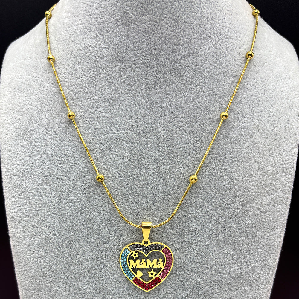 IRAMAT Mama Love Star Heart Pendant Necklace For Women Men Stainless Steel Gold Color Rhinestone Mother Mom Chain Jewelry Mother's Day Gift