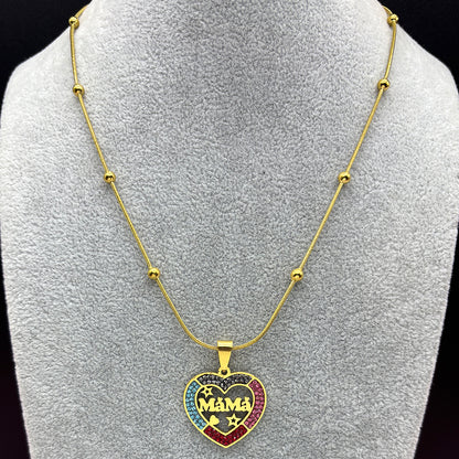 IRAMAT Mama Love Star Heart Pendant Necklace For Women Men Stainless Steel Gold Color Rhinestone Mother Mom Chain Jewelry Mother's Day Gift