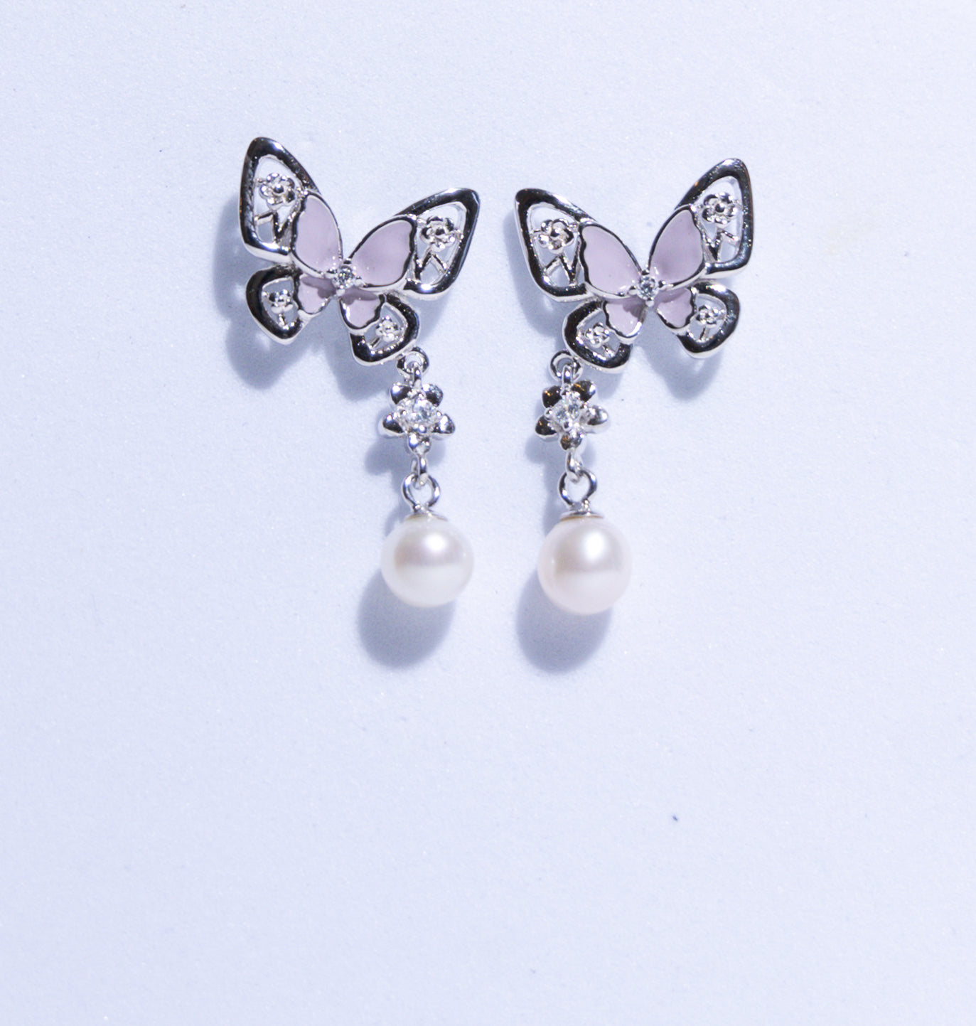 Beautiful Silver Butterfly Earrings with Freshwater White Pearls