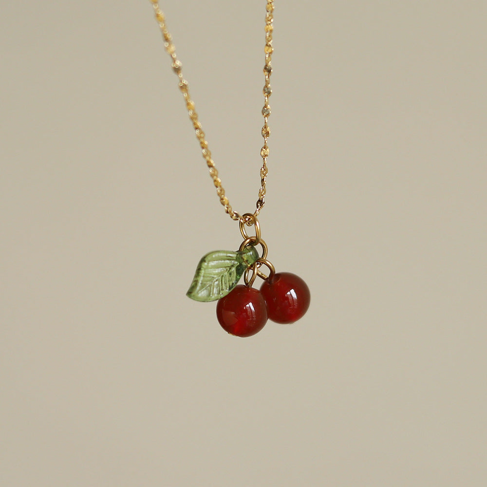 IRAMAT  Stainless Steel Cherry Necklace Natural Stone Beads Pendant Chain Necklace Women's Fashion Jewelry and Gift For Mother's Day