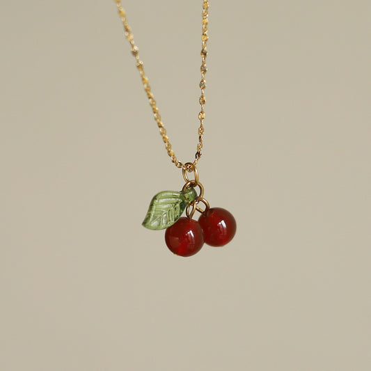 IRAMAT  Stainless Steel Cherry Necklace Natural Stone Beads Pendant Chain Necklace Women's Fashion Jewelry and Gift For Mother's Day