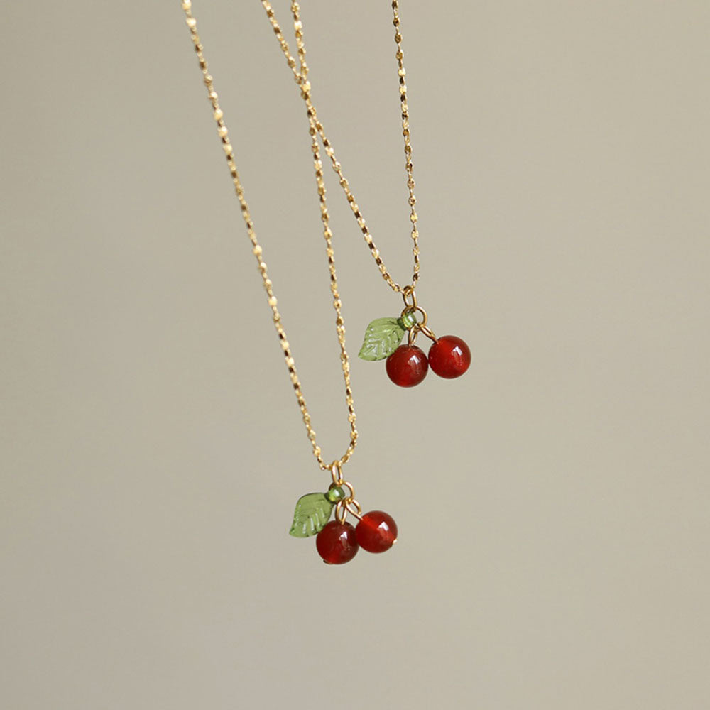 IRAMAT  Stainless Steel Cherry Necklace Natural Stone Beads Pendant Chain Necklace Women's Fashion Jewelry and Gift For Mother's Day