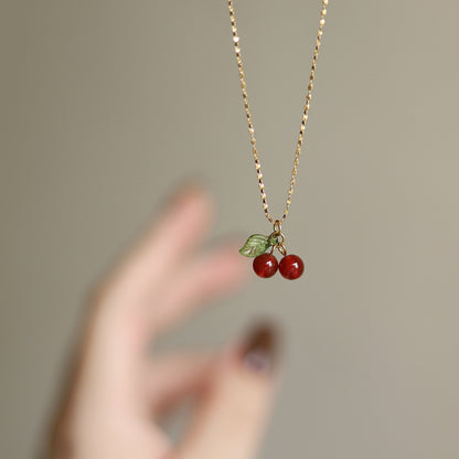 IRAMAT  Stainless Steel Cherry Necklace Natural Stone Beads Pendant Chain Necklace Women's Fashion Jewelry and Gift For Mother's Day