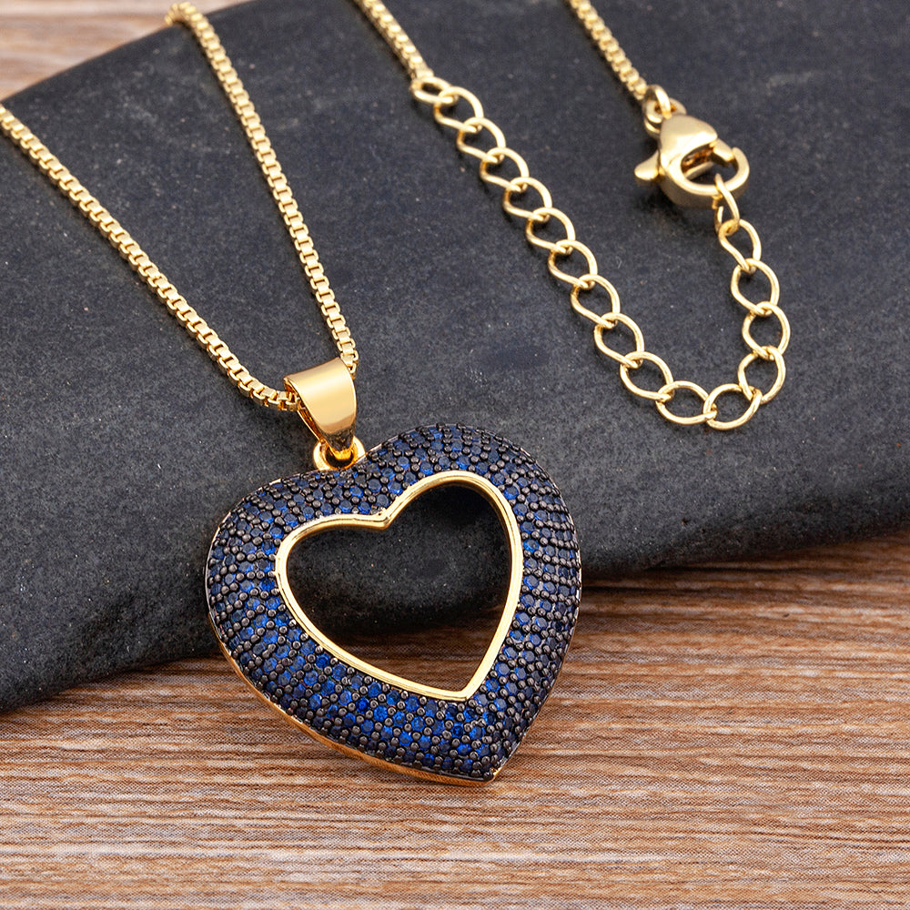 IRAMAT Top Quality 4 Colors Heart-Shaped Hollow Crystal Zircon Pendant Link Chain Necklace Women's Charm Jewelry For Mother's Day Gift