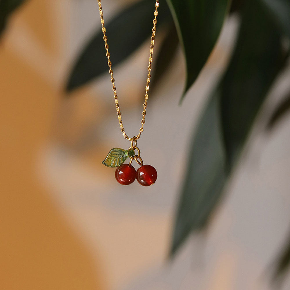 IRAMAT  Stainless Steel Cherry Necklace Natural Stone Beads Pendant Chain Necklace Women's Fashion Jewelry and Gift For Mother's Day