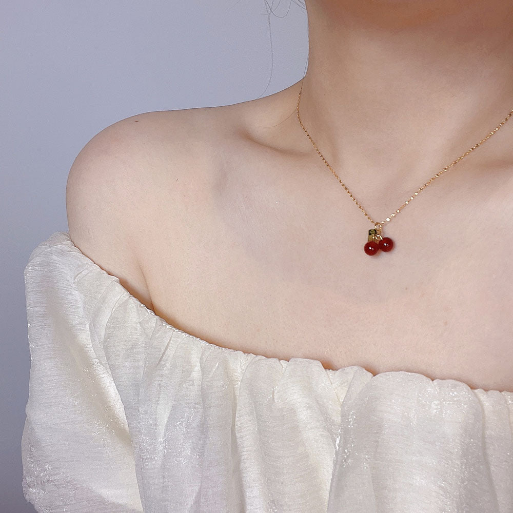 IRAMAT  Stainless Steel Cherry Necklace Natural Stone Beads Pendant Chain Necklace Women's Fashion Jewelry and Gift For Mother's Day