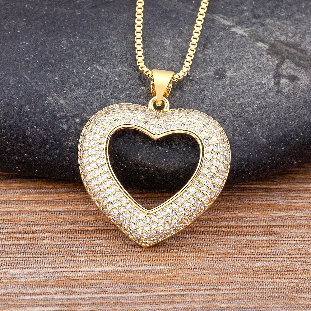 IRAMAT Top Quality 4 Colors Heart-Shaped Hollow Crystal Zircon Pendant Link Chain Necklace Women's Charm Jewelry For Mother's Day Gift