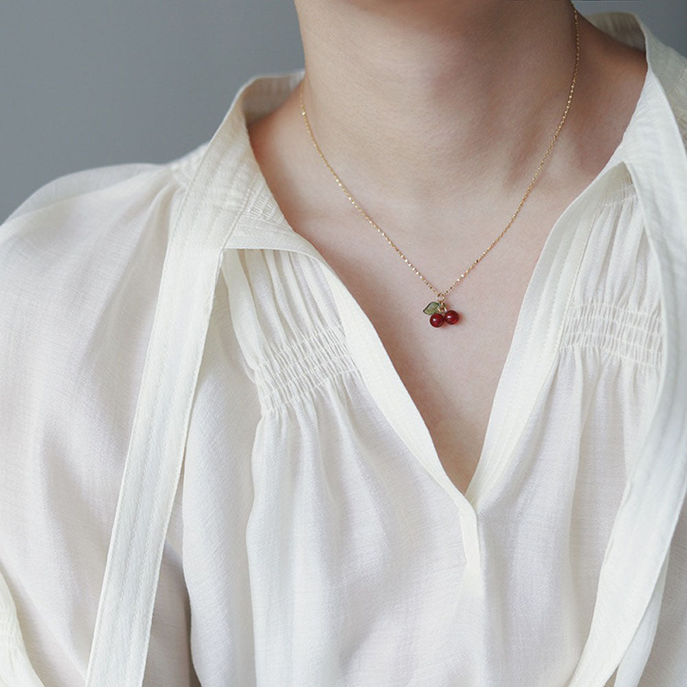 IRAMAT  Stainless Steel Cherry Necklace Natural Stone Beads Pendant Chain Necklace Women's Fashion Jewelry and Gift For Mother's Day