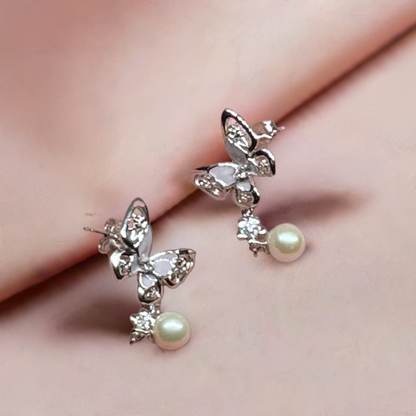 Beautiful Silver Butterfly Earrings with Freshwater White Pearls